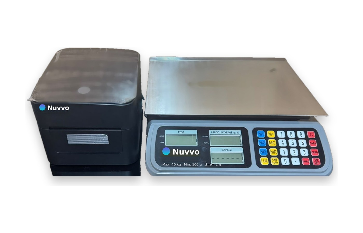 Foto del puesto de pesaje Nuvvo: báscula de 40 kg con su teclado, e impresora de etiquetas al lado